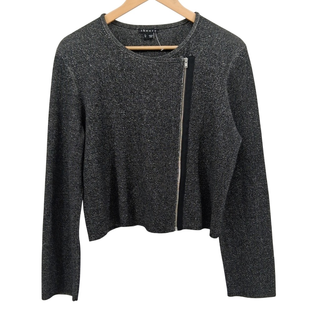 Theory Lioralee Prosecco Jacket Sz‎ Large Gray Metallic Knit Asymmetric Zip Moto